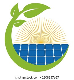 Green energy logo illustration. Solar battery with sun and green leaves.