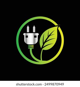 Green energy logo with leaf and electric plug icon. Vector illustration.