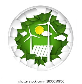 Green energy logo. Paper cut windmills and solar panels in circle with green and white leaves. Vector illustration in paper art style. Save environment, alternative energy, ecology concept.