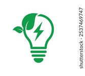 Green energy logo. Save energy symbol. Energy icon with green leaf. Incandescent electric light bulb with green leaves, symbol of clean energy, recycling, and nature conservation.