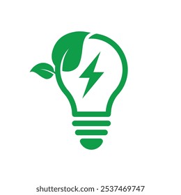 Green energy logo. Save energy symbol. Energy icon with green leaf. Incandescent electric light bulb with green leaves, symbol of clean energy, recycling, and nature conservation.