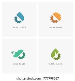 Green Energy Logo Set. Drop Of Water, The Sun, Cloud, Leaf And Gear Wheel Or Pinion Symbol - Solar, Wind And Hydro Power, Industry, Ecology And Environment Icons.