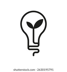 Logotipo de energia verde com broto crescendo dentro da lâmpada elétrica, símbolo de ecoinovação, eletricidade limpa, responsabilidade ambiental, desenvolvimento sustentável e soluções ecológicas renováveis.