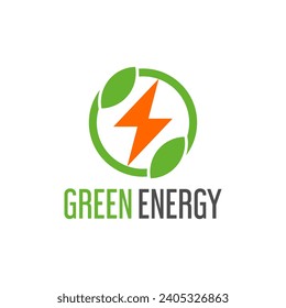 green energy logo template design. Electric charge leaf icon. Sustainable eco power company symbol