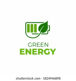 Green energy logo template. Green leaf and battery sign.  Eco battery sign. 