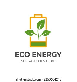 Green energy logo template. Green leaf and battery sign. Eco battery sign