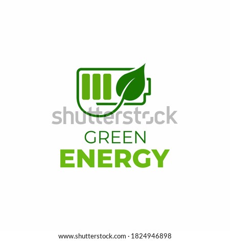 Green energy logo template. Green leaf and battery sign.  Eco battery sign. 