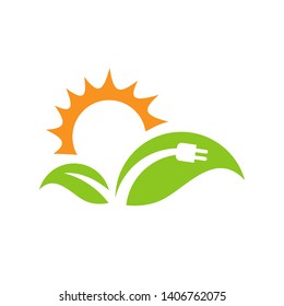 Green energy logo vector icon design template with electric plugs and leaves.