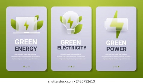 Green energy mobile app menu in glass morphism style. Eco power vertical page set.