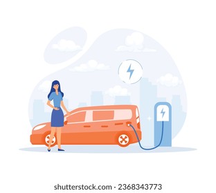 Green energy, Modern eco private house with solar energy panels and smart home technology. Electric car near charging station, flat vector modern illustration