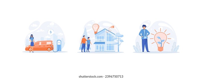 Green energy, Modern eco private house with solar energy panels and smart home technology. Ecology 2 set flat vector modern illustration