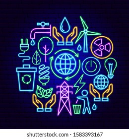 Green Energy Neon Concept. Vector Illustration of Ecology Promotion.