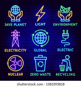 Green Energy Neon Label Set. Vector Illustration of Ecology Promotion.