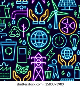 Green Energy Neon Seamless Pattern. Vector Illustration of Ecology Promotion.