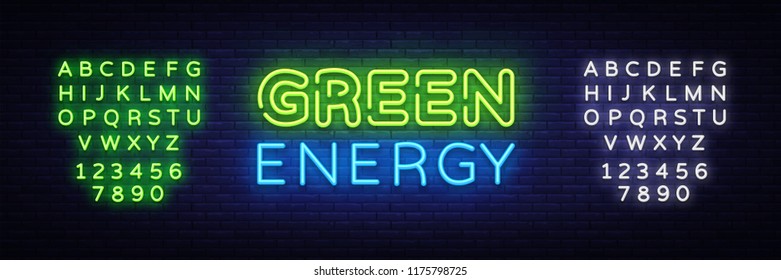 Green Energy neon sign vector. Eco Energy Design template neon sign, Ecology light banner, neon signboard, nightly bright advertising, light inscription. Vector illustration. Editing text neon sign