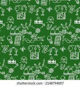 Green energy. Nuclear physics. Scientific knowledge, formulas. Vintage education and scientific seamless pattern.  Vector hand-drawn illustration on chalkboard.