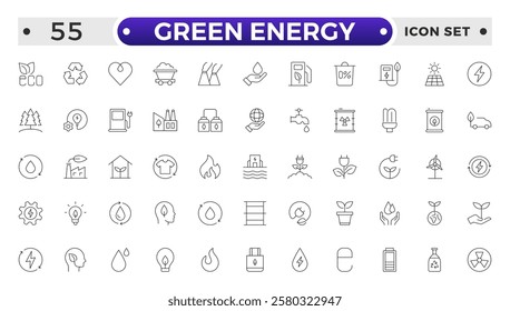 Green Energy outline icon. Recycling Symbol, Solar Panel, Wind Turbine, Electric Vehicle, Eco-Friendly, Eco-Friendly Home, Water Conservation, Green Energy Light Bulb, Tree Planting, Compost Bin. 
