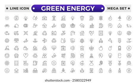 Green Energy outline icon. Recycling Symbol, Solar Panel, Wind Turbine, Electric Vehicle, Eco-Friendly, Eco-Friendly Home, Water Conservation, Green Energy Light Bulb, Tree Planting, Compost Bin. 
