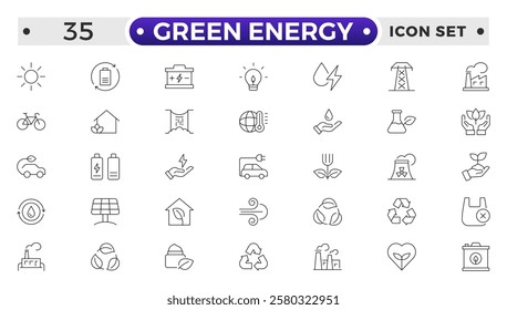 Green Energy outline icon. Recycling Symbol, Solar Panel, Wind Turbine, Electric Vehicle, Eco-Friendly, Eco-Friendly Home, Water Conservation, Green Energy Light Bulb, Tree Planting, Compost Bin. 
