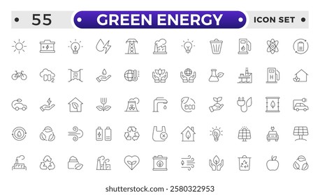 Green Energy outline icon. Recycling Symbol, Solar Panel, Wind Turbine, Electric Vehicle, Eco-Friendly, Eco-Friendly Home, Water Conservation, Green Energy Light Bulb, Tree Planting, Compost Bin. 
