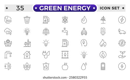 Green Energy outline icon. Recycling Symbol, Solar Panel, Wind Turbine, Electric Vehicle, Eco-Friendly, Eco-Friendly Home, Water Conservation, Green Energy Light Bulb, Tree Planting, Compost Bin. 
