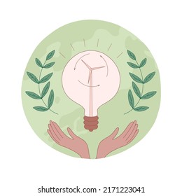 Green energy, planet Earth in safe hands, ecology, EGS, wind turbines and a clean atmosphere. Concept of sustainable development. Vector.