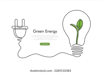 Green energy. Plant inside Lightbulb and plug in one line drawing. Creative concept of Eco energy and environmental friendly sources. Vector illustration