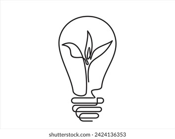 Green energy. Plant inside Lightbulb  in one line drawing. Creative concept of Eco energy and environmental friendly sources. Vector illustration