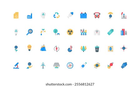 Green energy and plastic recycle technology to save and care nature, ecology color icon set. Alternative resources search and bio fuel, global climate change flat elements vector illustration