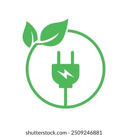 Green energy plug icon. Eco green electric plug icon design with leaf. Green eco power plug vector illustration.