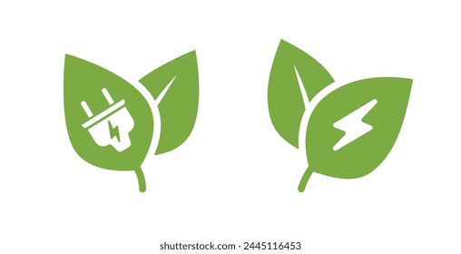 Grüner Energiestecker-Icon-Logo, Elektro-Bio-Eco-Erneuerbare-Strom-Blätter-Zeichen-Symbol-Silhouette-einfache Piktogramm-Grafik-Set, natürliche organische Blatt-Technologie mit Blitz-Logo-Typ Bild Clipart