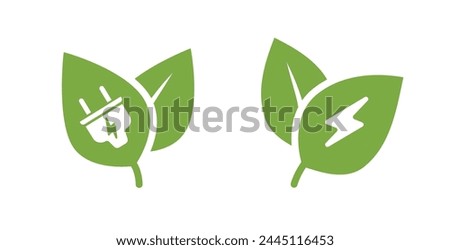 Green energy plug icon logo, electric bio eco renewable power leaves sign symbol silhouette simple pictogram graphic set, natural organic leaf technology with lightning bolt logotype image clipart