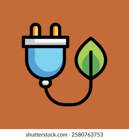 Green energy, plug and leaf, eco good ware doodle cartoon, minimalist vector illustration, simple concept, Isolated