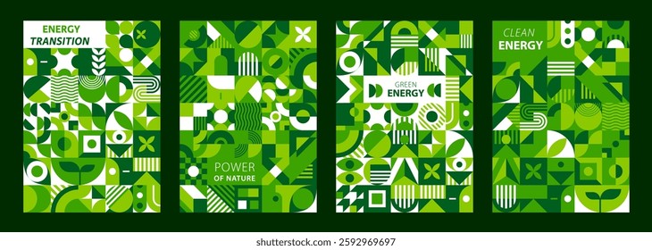Green energy posters with abstract geometric shapes. Vector vertical backgrounds, covers, banners or card templates promote energy transition, power of nature, clean energy, environment and ecology