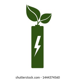 Green energy or power icon. Battery with green leaves. Vector Illustration