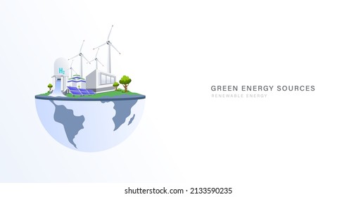 Planta de energía verde con muchas fuentes limpias en la ilustración vectorial del concepto de la tierra. Desarrollo ecológico y sostenible para salvar el diseño conceptual mundial.