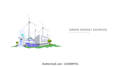 Grünes Energiekraftwerk mit dem Konzept der Sonnen-, Wasserkraft-, Wasserstoff- und Windenergie. Saubere elektrische Energie und erneuerbare Quellen für eine nachhaltige Welt, Vektorgrafik.