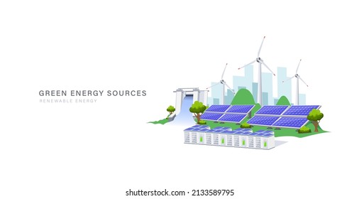 Grünes Energiekraftwerk mit dem Konzept der Sonnenenergie, Wasserkraft und Windquelle. Saubere elektrische Energie und erneuerbare Quellen für eine nachhaltige Welt, Vektorgrafik.