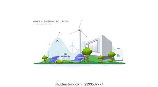 Green energy power plant with solar and wind source background concept. Clean electric energy and renewable source for future sustainable world vector illustration.