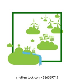 Green energy power plants on clouds. Abstract ecology concept illustration.