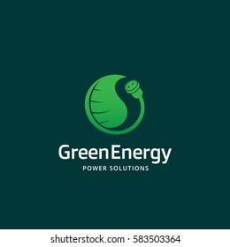 Green Energy Power Solutions Abstract Vector Sign, Emblem or Logo Template. Socket and Leaf Creative Concept. Plug and Plant Silhouette. On Green Background.