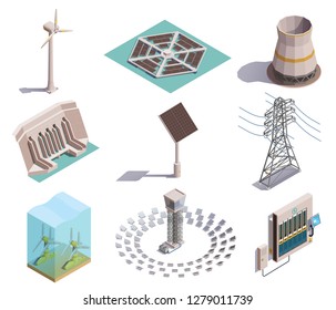 Green energy production isometric icons set with wind tidal power generators solar station hydroelectric plant vector illustration