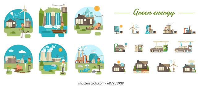 Green energy production types. Full illustrated scenes showing the main process and illustrated icons for using in web, info graphics or any other visual materials.