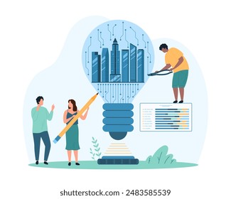 Green energy project development for futuristic city. Tiny people develop smart ideas to optimize infrastructure and urban communications management, electricity generation cartoon vector illustration