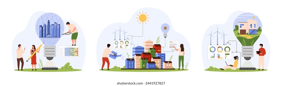 Green energy project for eco friendly city set. Tiny people save environment with houses inside light bulb, urban landscape with buildings, solar panels and wind turbines cartoon vector illustration