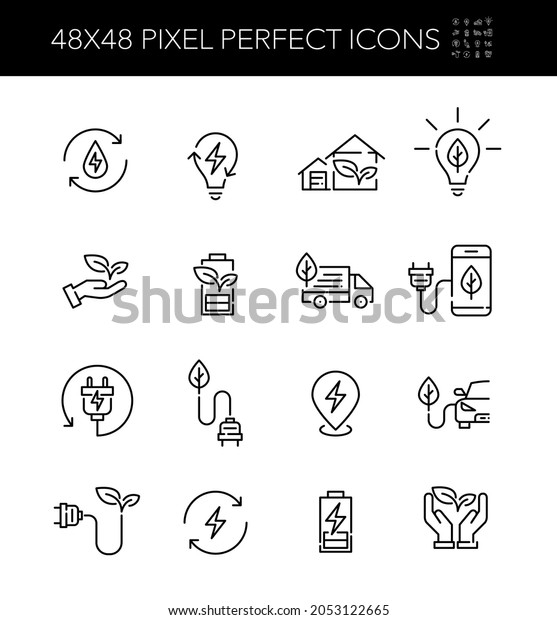 Green energy, rechargeable\
battery and renewable power sources icons. Pixel perfect, editable\
stroke