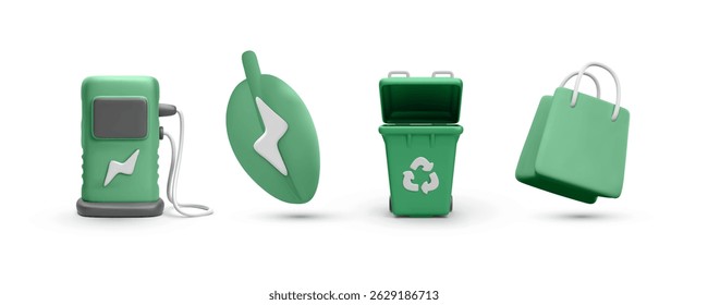 Green Energy, Recycling, and Sustainability Concept Featuring Electric Pump, Leaf, Trash Bin, and Eco Bag. Clean 3D Render in Minimal Style. Vector Illustration.