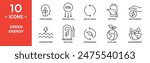 Green energy related vector icon set includes think green, reduce co2, recyclable, battery, save energy, hydropower, eco fuel, sustainable, ecology, environment, and more icons