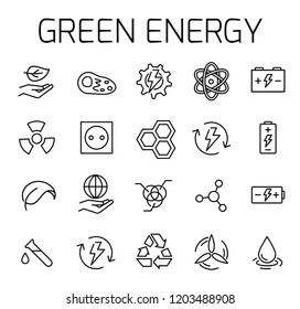 Green energy related vector icon set. Well-crafted sign in thin line style with editable stroke. Vector symbols isolated on a white background. Simple pictograms.