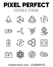 Green energy related vector icon set. Well-crafted sign in thin line style with editable stroke. Vector symbols isolated on a white background. Pixel perfect. Editable stroke.